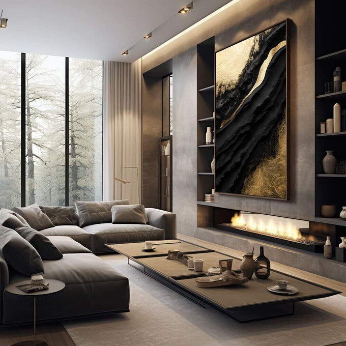 Quadro Decorativo Luxo Ouro e Preto Moderno | quadros decorativos premium | Composição abstrata com fluxos de preto e dourado em texturas dinâmicas e gestuais | em ambiente 4 | Porao dos Quadros