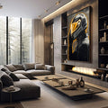 Quadro Decorativo Movimento Transcendente | quadros decorativos premium | Piloto em silhueta com capacete brilhando em neon dourado contra fundo preto | em ambiente 4 | Porao dos Quadros