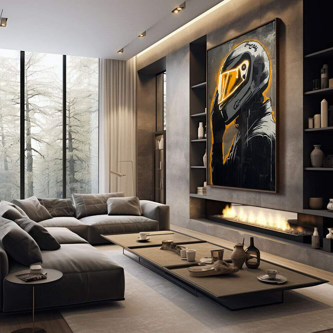 Quadro Decorativo Movimento Transcendente | quadros decorativos premium | Piloto em silhueta com capacete brilhando em neon dourado contra fundo preto | em ambiente 4 | Porao dos Quadros