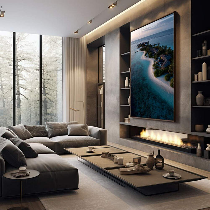 Quadro Decorativo Ilha Tropical em Relaxamento | quadros decorativos premium | Ilha tropical com praia de areia clara cercada por águas azuis e turquesas sob céu sereno | em ambiente 4 | Porao dos Quadros