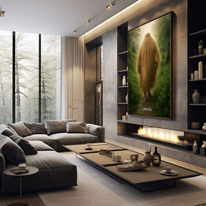 Quadro Decorativo Orixá Omolu: Cura e Terra | quadros decorativos premium | Figura envolta em tons dourados caminhando pela floresta densa com luz natural atravessando a vegetação verde | em ambiente 4 | Porao dos Quadros