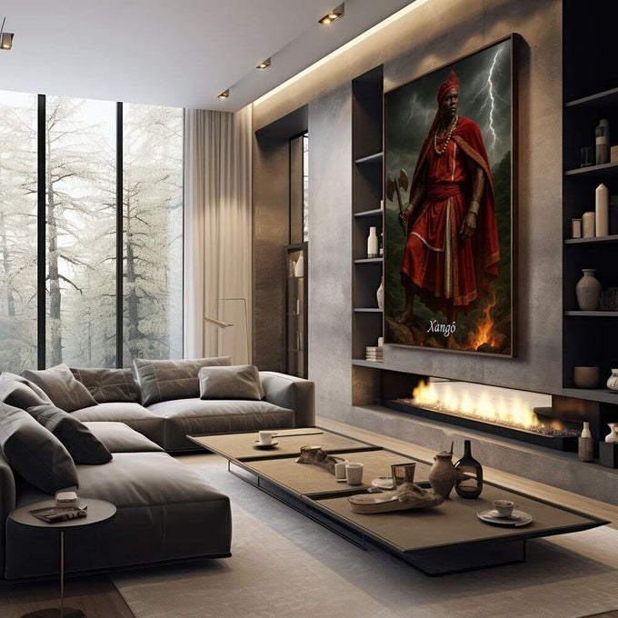 Quadro Decorativo Orixá Xangô: Justiça e Poder | quadros decorativos premium | Guerreiro Xangô em vermelho com machado, relâmpago e fogo em composição dramática | em ambiente 4 | Porao dos Quadros