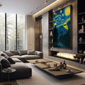 Quadro Decorativo Batman sob o Céu Estrelado | quadros decorativos premium | Batman observando Gotham sob céu noturno em azul com estrelas e símbolo iluminado | em ambiente 4 | Porao dos Quadros