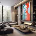 Quadro Decorativo - Frida Kahlo Abstrato em Azul e Vermelho | quadros decorativos premium | Retrato pop art em vermelho e azul com figura refinada e jóias em composição vibrante. | em ambiente 4 | Porao dos Quadros