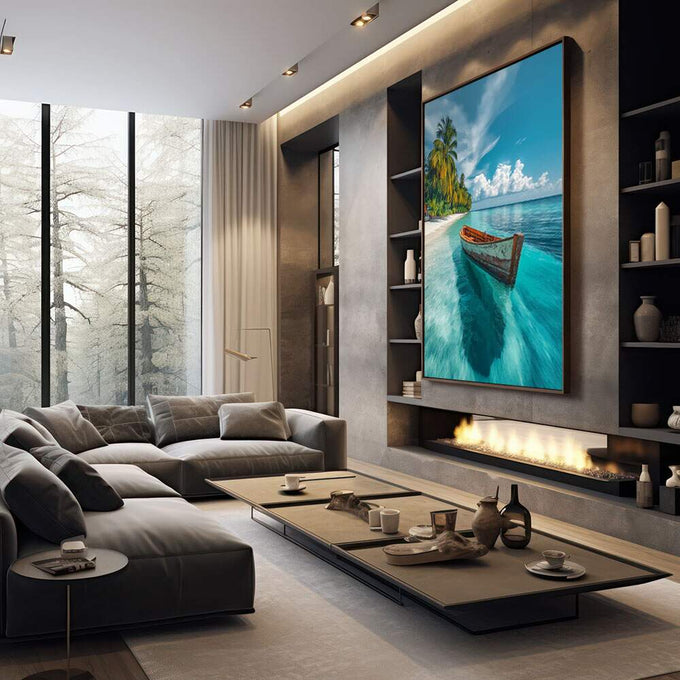Quadro Decorativo Reflexos Tropicais Serene | quadros decorativos premium | Barco desgastado em água azul cristalina com palma tropical ao fundo e céu nublado | em ambiente 4 | Porao dos Quadros