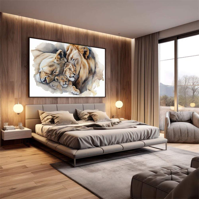 Quadro Decorativo Leões Amor e Proteção | quadros decorativos premium | Família de leões em aquarela com tons bege, azul e caramelo, composição impressionista e delicada. | em ambiente 4 | Porao dos Quadros