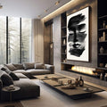 Quadro Decorativo Minimalista Preto e Branco | quadros decorativos premium | Rosto abstrato em traços pretos expressivos sobre fundo branco luminoso com composição gestual. | em ambiente 4 | Porao dos Quadros