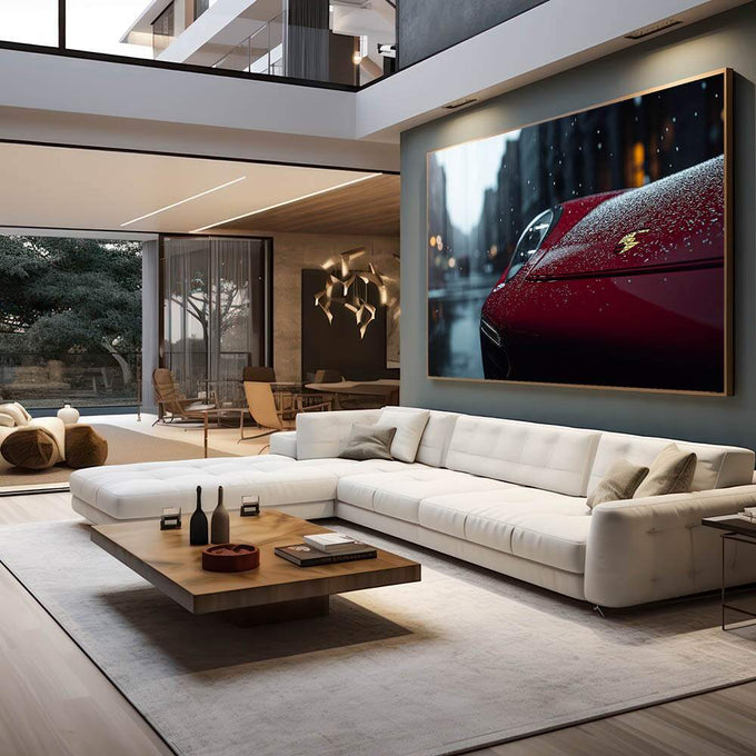 Elegância Automotiva Quadro Decorativo do Carro Esportivo Vermelho | quadros decorativos premium | Carro vermelho coberto de gotas de chuva com cidade urbana desfocada ao fundo | em ambiente 4 | Porao dos Quadros