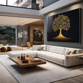 Quadro Decorativo Árvore da Vida em Dourado  Beleza e Simbologia | quadros decorativos premium | Árvore com folhas douradas radiantes e raízes profundas em fundo preto minimalista | em ambiente 4 | Porao dos Quadros