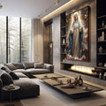 Quadro Decorativo Serenidade da Mãe | quadros decorativos premium | Nossa Senhora com auréola divina cercada de rosas em composição realista clássica | em ambiente 4 | Porao dos Quadros