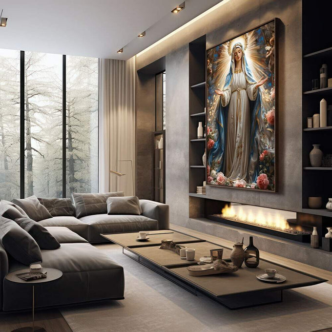Quadro Decorativo Serenidade da Mãe | quadros decorativos premium | Nossa Senhora com auréola divina cercada de rosas em composição realista clássica | em ambiente 4 | Porao dos Quadros