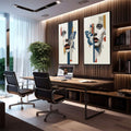 Quadro Decorativo Mulher Abstrata e Enigmática | quadros decorativos premium | Rosto feminino fragmentado com borboletas azuis e linhas geométricas coloridas em painel de duas telas | em ambiente 4 | Porao dos Quadros