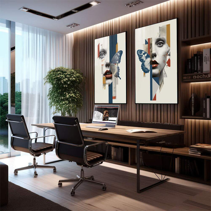 Quadro Decorativo Mulher Abstrata e Enigmática | quadros decorativos premium | Rosto feminino fragmentado com borboletas azuis e linhas geométricas coloridas em painel de duas telas | em ambiente 4 | Porao dos Quadros