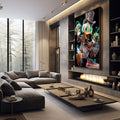 Elegância e Riqueza: Quadro do Pato Luxuoso | quadros decorativos premium | Pato colorido com chapéu neon, dinheiro nas asas e sapatos estilosos sobre fundo preto | em ambiente 4 | Porao dos Quadros