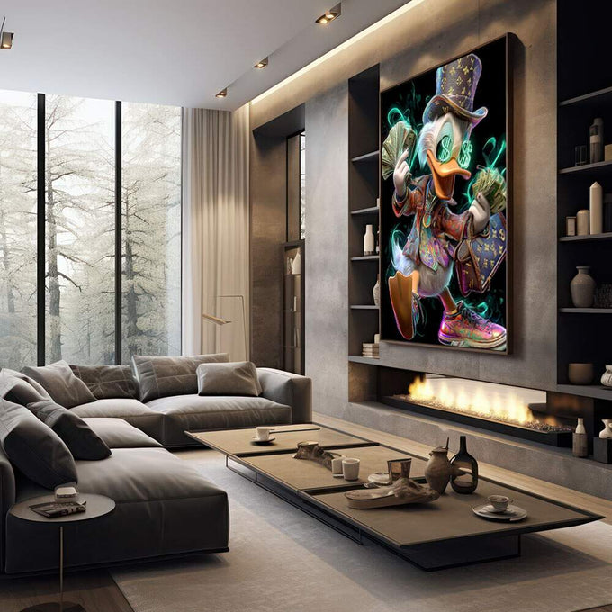 Elegância e Riqueza: Quadro do Pato Luxuoso | quadros decorativos premium | Pato colorido com chapéu neon, dinheiro nas asas e sapatos estilosos sobre fundo preto | em ambiente 4 | Porao dos Quadros