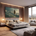 Jesus caminhando sobre ondas do mar em tempestade sob luz dourada, quadro decorativo