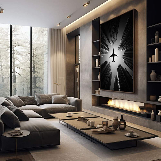 Quadro Decorativo Avião em Cidade Moderna | quadros decorativos premium | Avião em voo entre edifícios altos em perspectiva com luz radiante em preto e branco puro. | em ambiente 4 | Porao dos Quadros