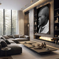 Quadro Decorativo Emoção em Preto e Branco | quadros decorativos premium | Retrato africano em preto e branco com padrões geométricos pontilhados no rosto e colar de contas. | em ambiente 4 | Porao dos Quadros