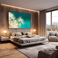Quadro Decorativo Dente-de-Leão Serene | quadros decorativos premium | Dente-de-leão em fundo turquesa vibrante com luz dourada iluminando pétalas delicadas | em ambiente 4 | Porao dos Quadros