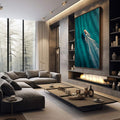 Quadro Decorativo Mar Sereno | quadros decorativos premium | Barco de pesca com rede estendida sobre águas turquesas vistas de cima | em ambiente 4 | Porao dos Quadros