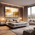 Quadro Decorativo Serenidade Abstrata | quadros decorativos premium | Composição abstrata em tons dourado e bege com texturas em camadas fluidas e blocos geométricos. | em ambiente 4 | Porao dos Quadros