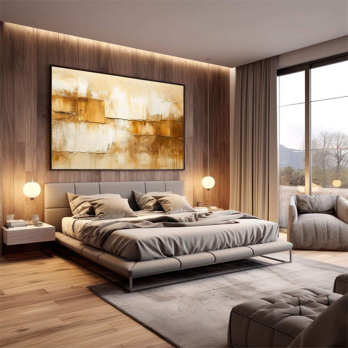 Quadro Decorativo Serenidade Abstrata | quadros decorativos premium | Composição abstrata em tons dourado e bege com texturas em camadas fluidas e blocos geométricos. | em ambiente 4 | Porao dos Quadros