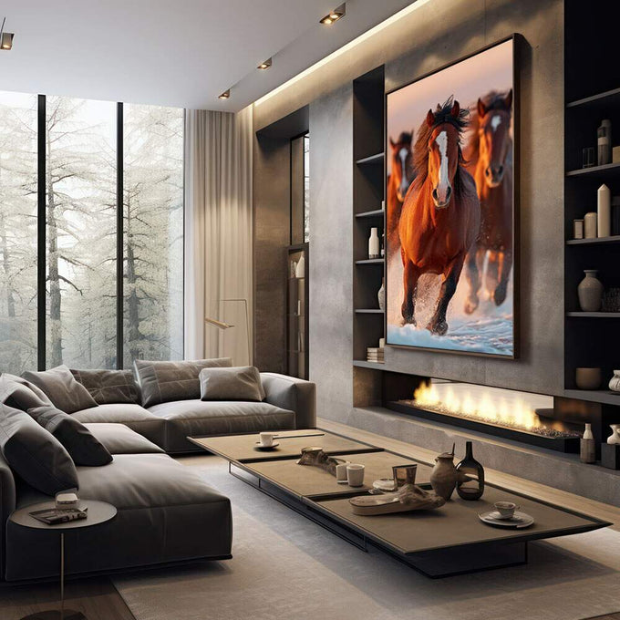Quadro Decorativo Cavalos em Liberdade | quadros decorativos premium | Cavalos marrom-avermelhados galopando na praia contra pôr do sol dramatico | em ambiente 4 | Porao dos Quadros