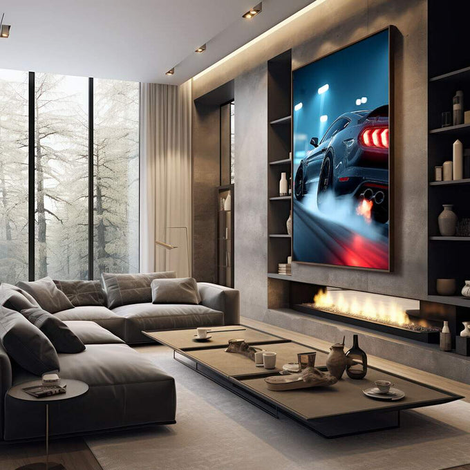 Quadro Decorativo Esportivo Avelanche de Emoções | quadros decorativos premium | Mustang esportivo vermelho em movimento noturno com faróis e fumaça dinâmica | em ambiente 4 | Porao dos Quadros