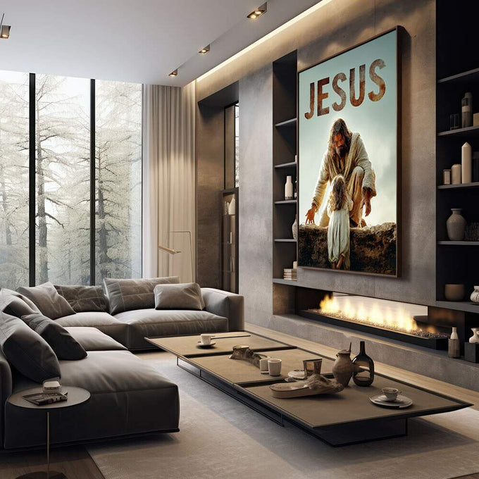 Quadro Decorativo Espiritualidade e Acolhimento | quadros decorativos premium | Figura espiritual estendendo mão para criança em cenário árido com céu nublado, tons terrosos | em ambiente 4 | Porao dos Quadros