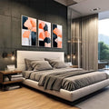 Quadro Decorativo Vibrante Trio de Flores Abstratas | quadros decorativos premium | Três telas com flores abstratas em laranja e azul sobre blocos geométricos em composição minimalista | em ambiente 4 | Porao dos Quadros