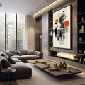 Quadro Decorativo Minimalista Enigmático Moderno | quadros decorativos premium | Colagem abstrata com círculos vermelho e laranja sobre fundo preto, branco e cinza com sobreposição de retratos | em ambiente 4 | Porao dos Quadros