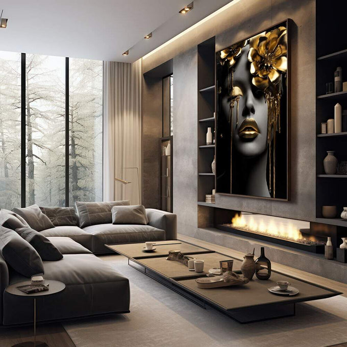 Quadro Decorativo Elegância Dourada | quadros decorativos premium | Mulher elegant em preto com flores douradas e joias, composição de luxo e sofisticação. | em ambiente 4 | Porao dos Quadros