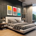 Quadro Decorativo: Abstração Vibrante - Ousadia em Cores | quadros decorativos premium | Três painéis abstratos geométricos com ondas, pontos e cores amarelo, vermelho e turquesa. | em ambiente 4 | Porao dos Quadros