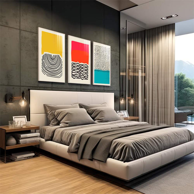 Quadro Decorativo: Abstração Vibrante - Ousadia em Cores | quadros decorativos premium | Três painéis abstratos geométricos com ondas, pontos e cores amarelo, vermelho e turquesa. | em ambiente 4 | Porao dos Quadros