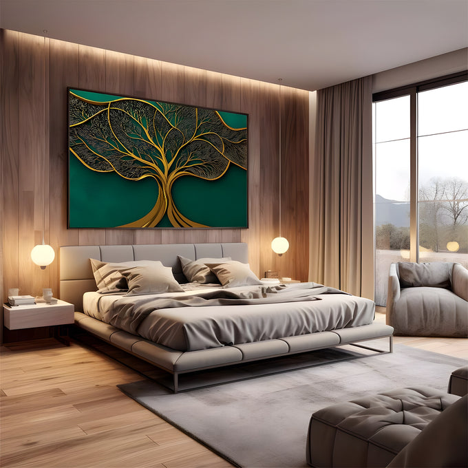 Árvore da vida dourada com galhos rendados em relevo sobre fundo verde esmeralda, quadro decorativo