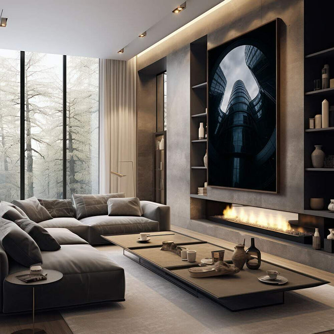 Quadro Decorativo Arquitetura Moderna e Harmônica | quadros decorativos premium | Edifício cilíndrico visto de baixo em perspectiva arquitetônica com céu nublado ao fundo | em ambiente 4 | Porao dos Quadros
