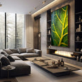 Quadro Decorativo Folha Verde Inspiração | quadros decorativos premium | Folha verde e amarela com nervuras iluminadas em detalhe macro fotográfico. | em ambiente 4 | Porao dos Quadros