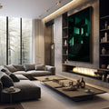 Quadro Decorativo Abstrato de Tons Verdejantes | quadros decorativos premium | Composição arquitetônica moderna com planos geométricos em verde-água e preto, criando profundidade e perspectiva infinita | em ambiente 4 | Porao dos Quadros