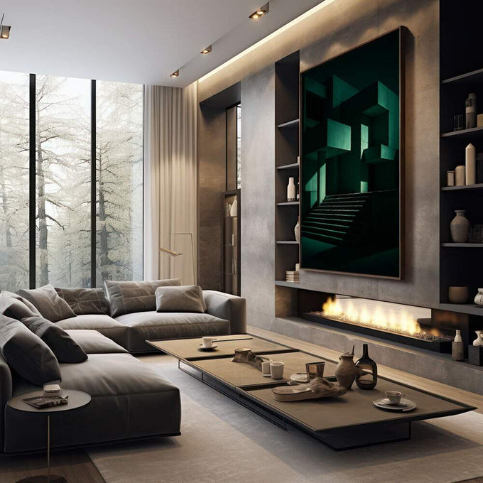 Quadro Decorativo Abstrato de Tons Verdejantes | quadros decorativos premium | Composição arquitetônica moderna com planos geométricos em verde-água e preto, criando profundidade e perspectiva infinita | em ambiente 4 | Porao dos Quadros