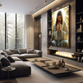 Quadro Decorativo Contemplação Dourada Espiritual | quadros decorativos premium | Jesus em oração com luz dourada e fundo geométrico em tons pastel | em ambiente 4 | Porao dos Quadros