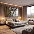 Quadro Decorativo Justiça com Elegância e Força | quadros decorativos premium | Mulher em branco com balança dourada, listras verticais pretas e douradas, composição elegante e simbólica | em ambiente 4 | Porao dos Quadros