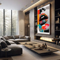Quadro Decorativo Lábios Vibrantes | quadros decorativos premium | Boca aberta colorida em vermelho, azul e laranja com formas geométricas em composição pop art fotográfica. | em ambiente 4 | Porao dos Quadros
