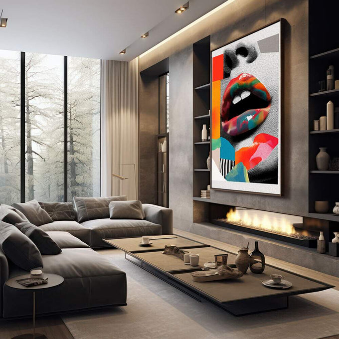 Quadro Decorativo Lábios Vibrantes | quadros decorativos premium | Boca aberta colorida em vermelho, azul e laranja com formas geométricas em composição pop art fotográfica. | em ambiente 4 | Porao dos Quadros