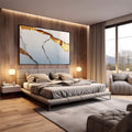 Quadro Decorativo Elegância Abstrata em Dourado | quadros decorativos premium | Abstrato com veios dourados em fundos azuis e brancos, texturas minerais e composição sofisticada | em ambiente 4 | Porao dos Quadros