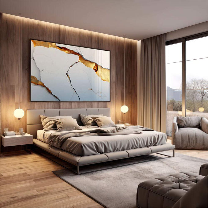 Quadro Decorativo Elegância Abstrata em Dourado | quadros decorativos premium | Abstrato com veios dourados em fundos azuis e brancos, texturas minerais e composição sofisticada | em ambiente 4 | Porao dos Quadros