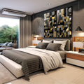 Quadro Decorativo Geometria Elegante | quadros decorativos premium | Painel abstrato geométrico com semicírculos, quadrados em ouro, preto, cinza e branco compostos em duas telas. | em ambiente 4 | Porao dos Quadros