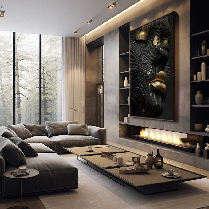 Quadro Decorativo Elegância Abstracta | quadros decorativos premium | Rosto feminino em preto com linhas fluidas e detalhes em dourado em composição abstrata elegante. | em ambiente 4 | Porao dos Quadros