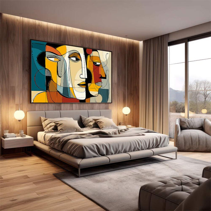 Quadro Decorativo Abstrato do Diálogo Silencioso | quadros decorativos premium | Composição abstrata com múltiplos rostos cubistas em laranja, azul e preto entrelaçados. | em ambiente 4 | Porao dos Quadros
