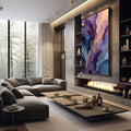 Quadro Decorativo Abstrato Dourado e Azul | quadros decorativos premium | Geodos abstratos em roxo, azul e dourado com veios luminosos em composição vertical | em ambiente 4 | Porao dos Quadros