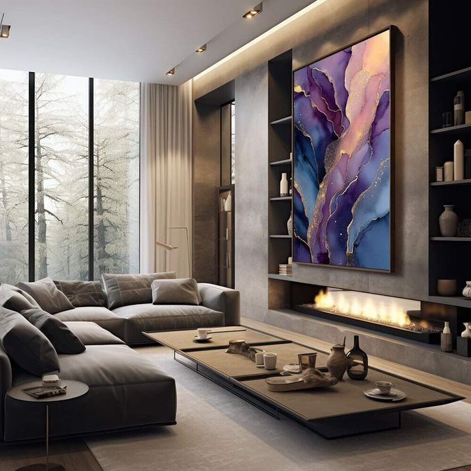 Quadro Decorativo Abstrato Dourado e Azul | quadros decorativos premium | Geodos abstratos em roxo, azul e dourado com veios luminosos em composição vertical | em ambiente 4 | Porao dos Quadros